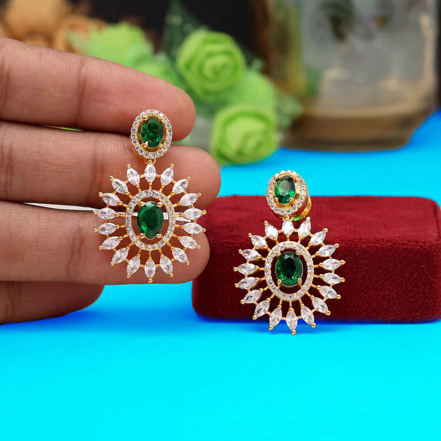 buy-yaaritas-green-color-american-diamond-earrings