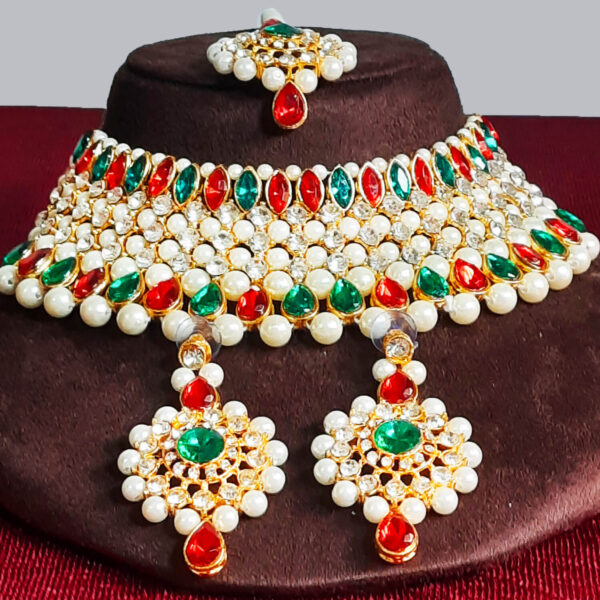 Buy Yaarita's Green & Pink Crystal Stone & Beads Choker Necklace Set