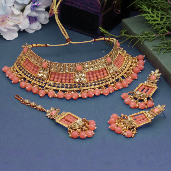 Buy Yaarita's Peach Color Choker Kundan Polki Necklace Set
