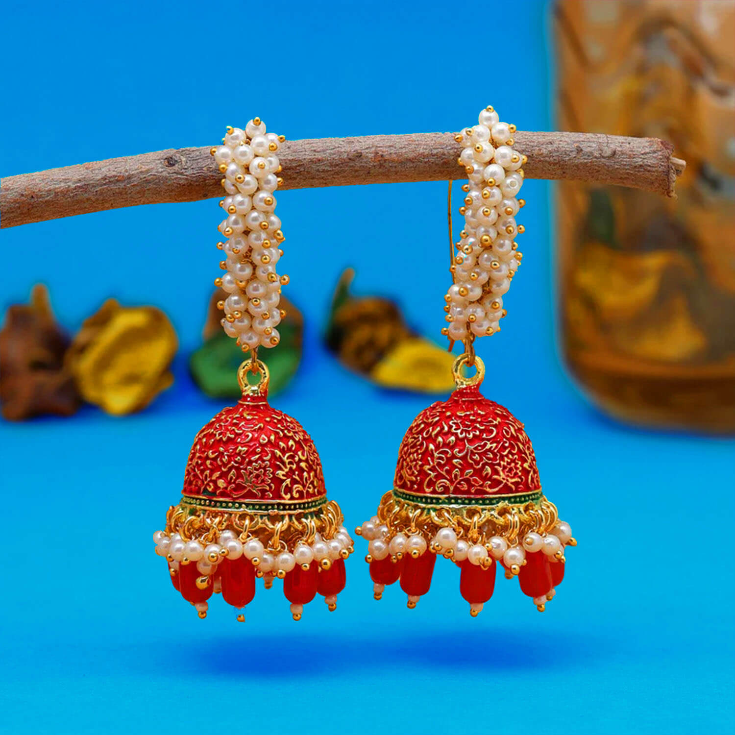 Buy Yaarita's Red Color Mint Meena Earrings