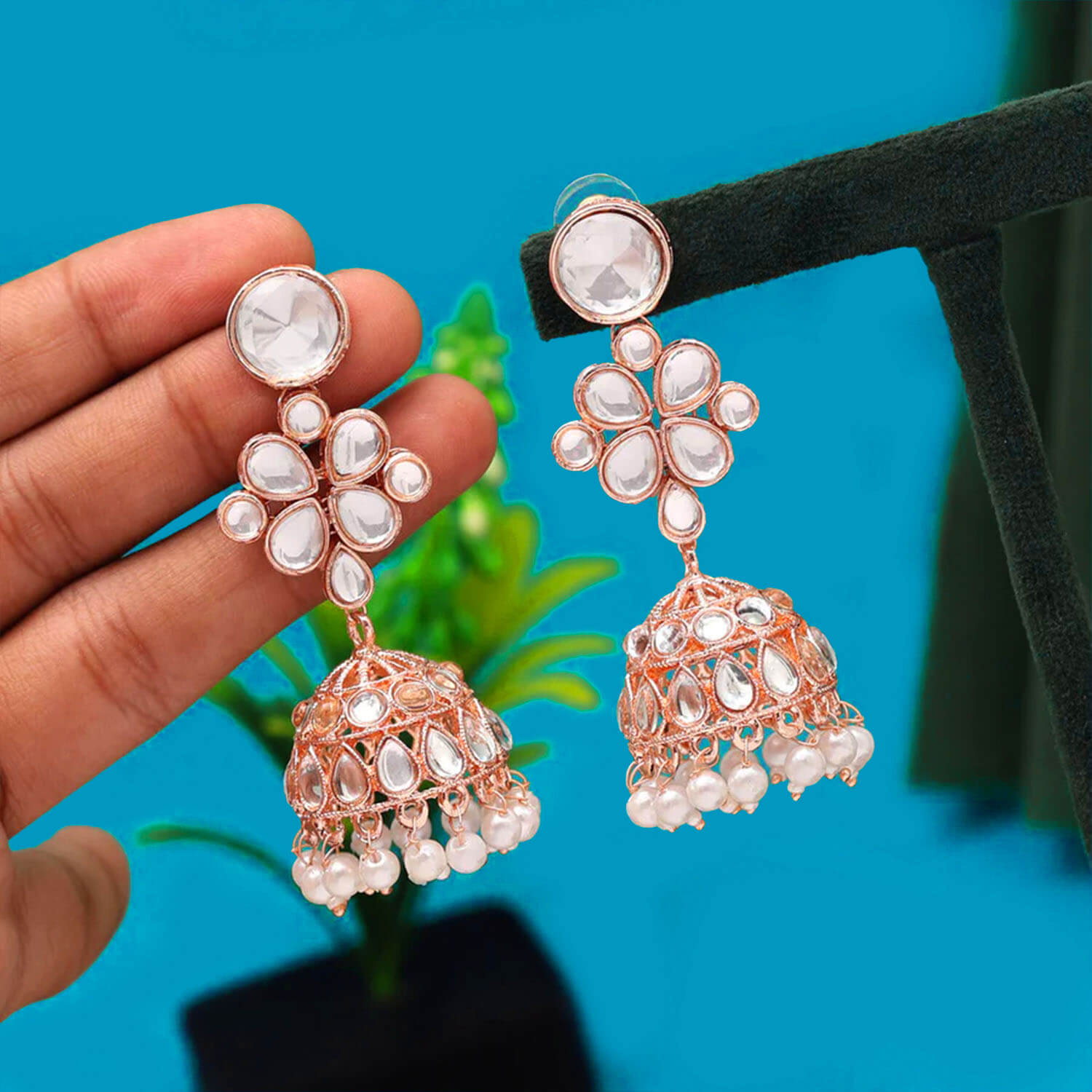 Buy Yaarita's Rose Gold Color Kundan Earrings