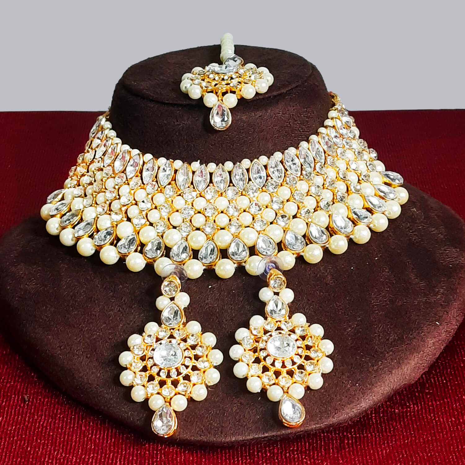 Buy Yaarita's White Color Crystal Stone & Beads Choker Necklace Set