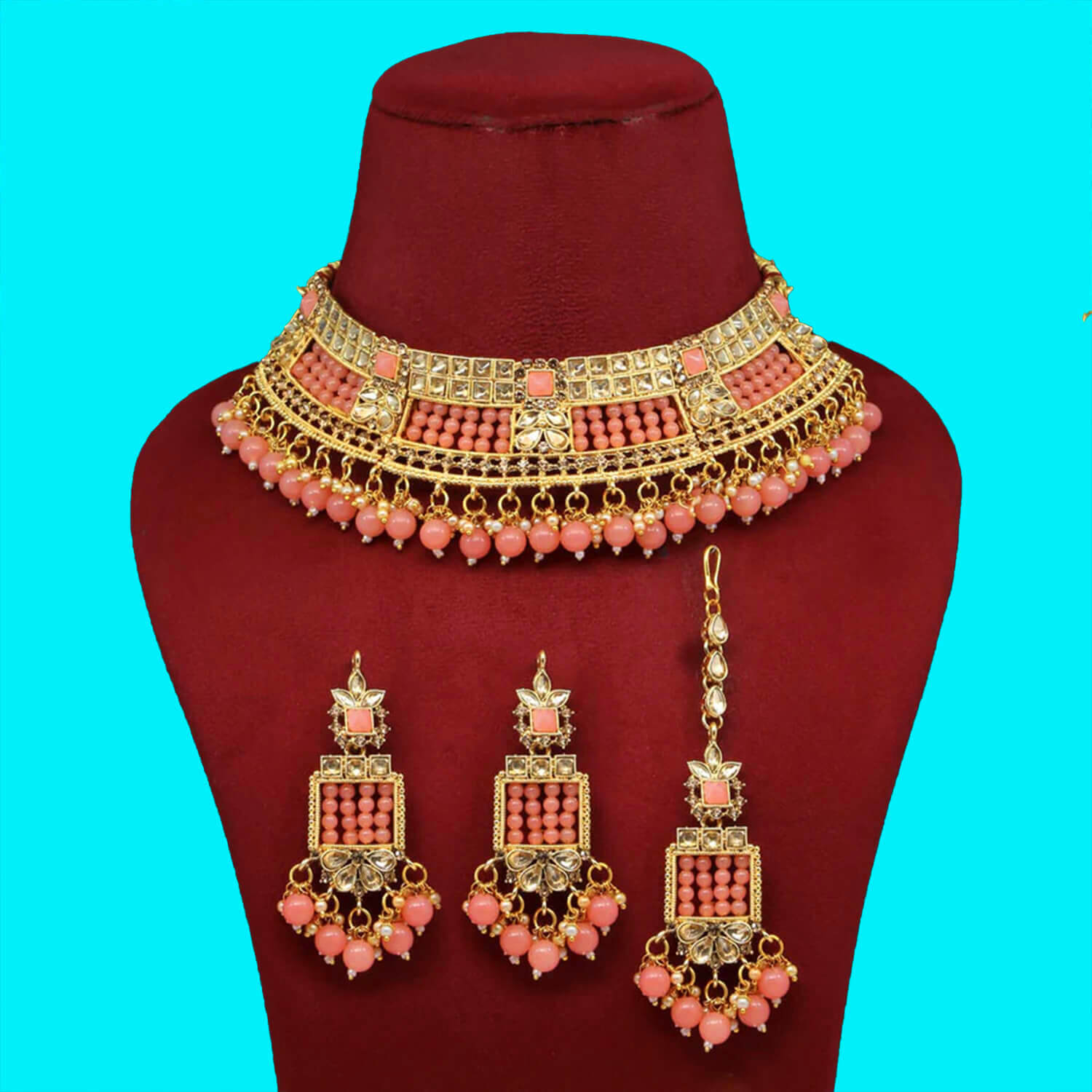 Yaarita's Dark Peach Color Choker Kundan Necklace Set