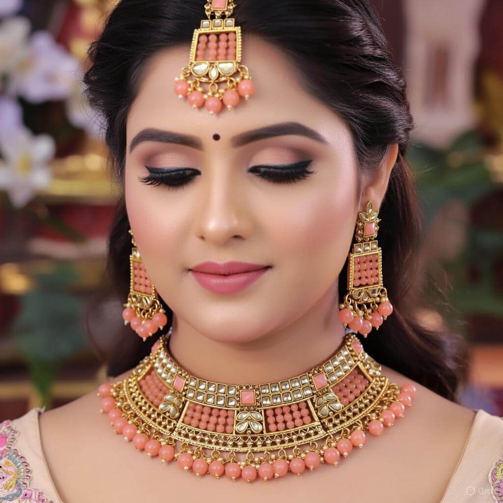 Yaarita’s Dark Peach Color Choker Kundan Necklace Set