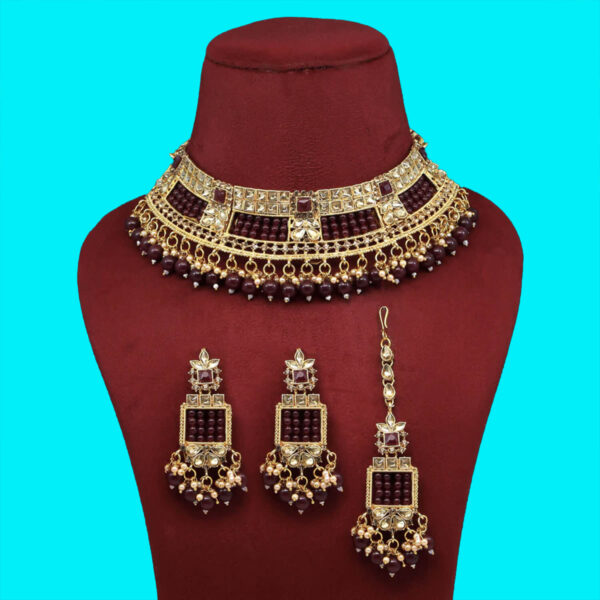 Yaarita's Maroon Color Choker Kundan Necklace Set