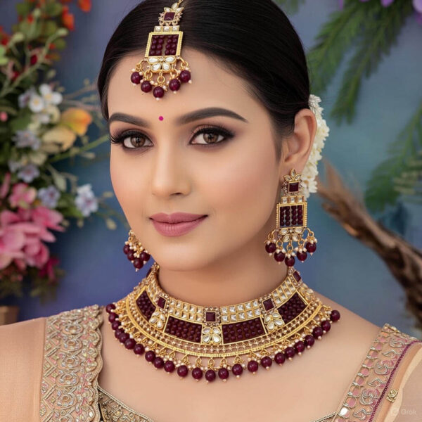 Yaarita’s Maroon Color Choker Kundan Necklace Set