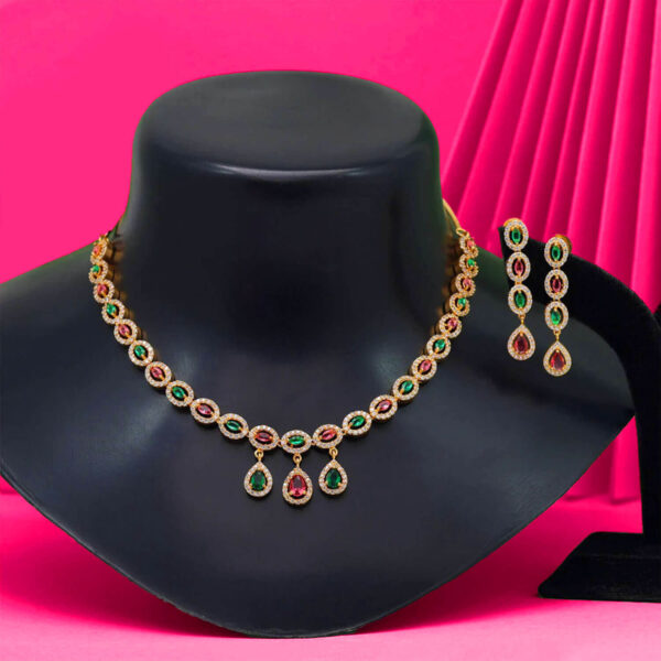 Yaarita's Maroon & Green Color American Diamond Necklace Set