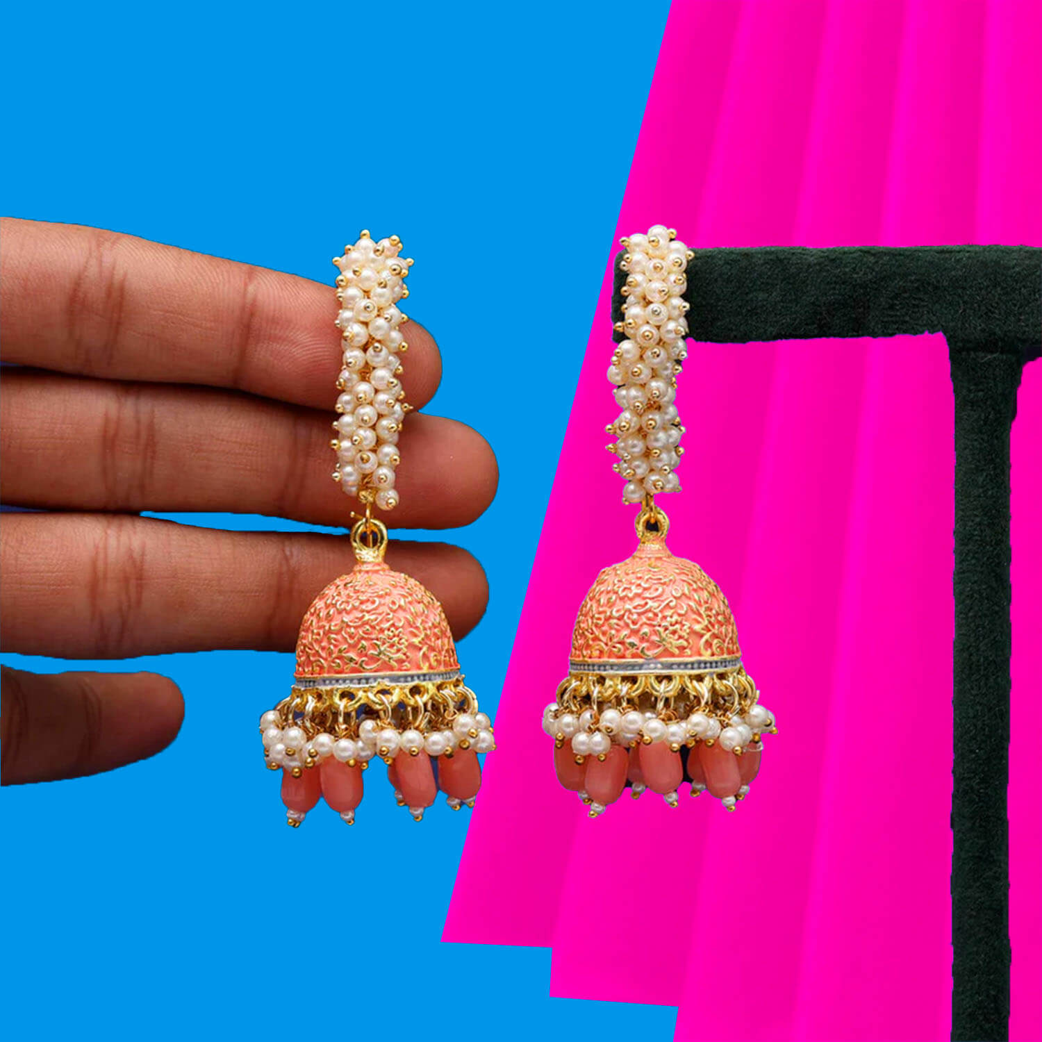 Yaarita's Peach Color Mint Meena Earrings