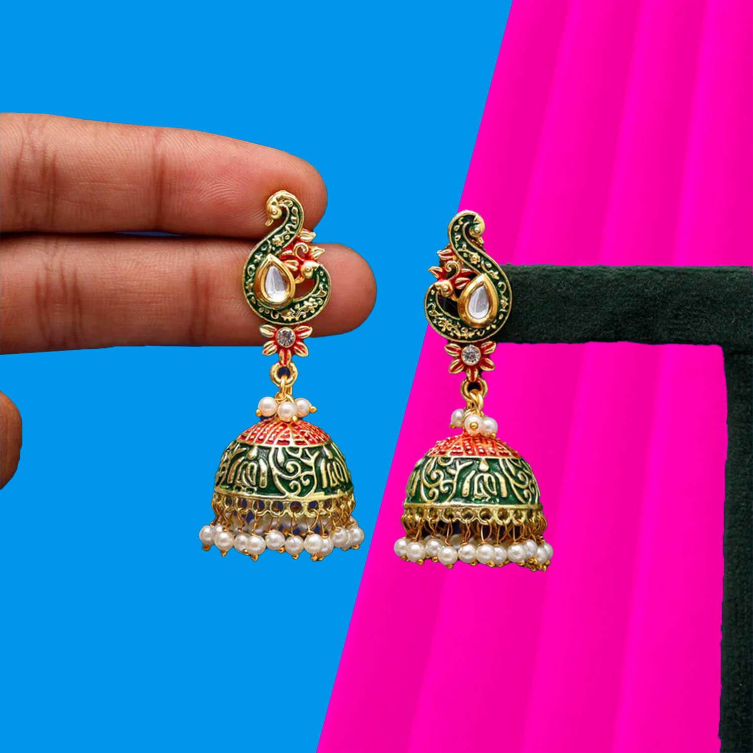 Yaarita's Red Color Mint Meena Earrings