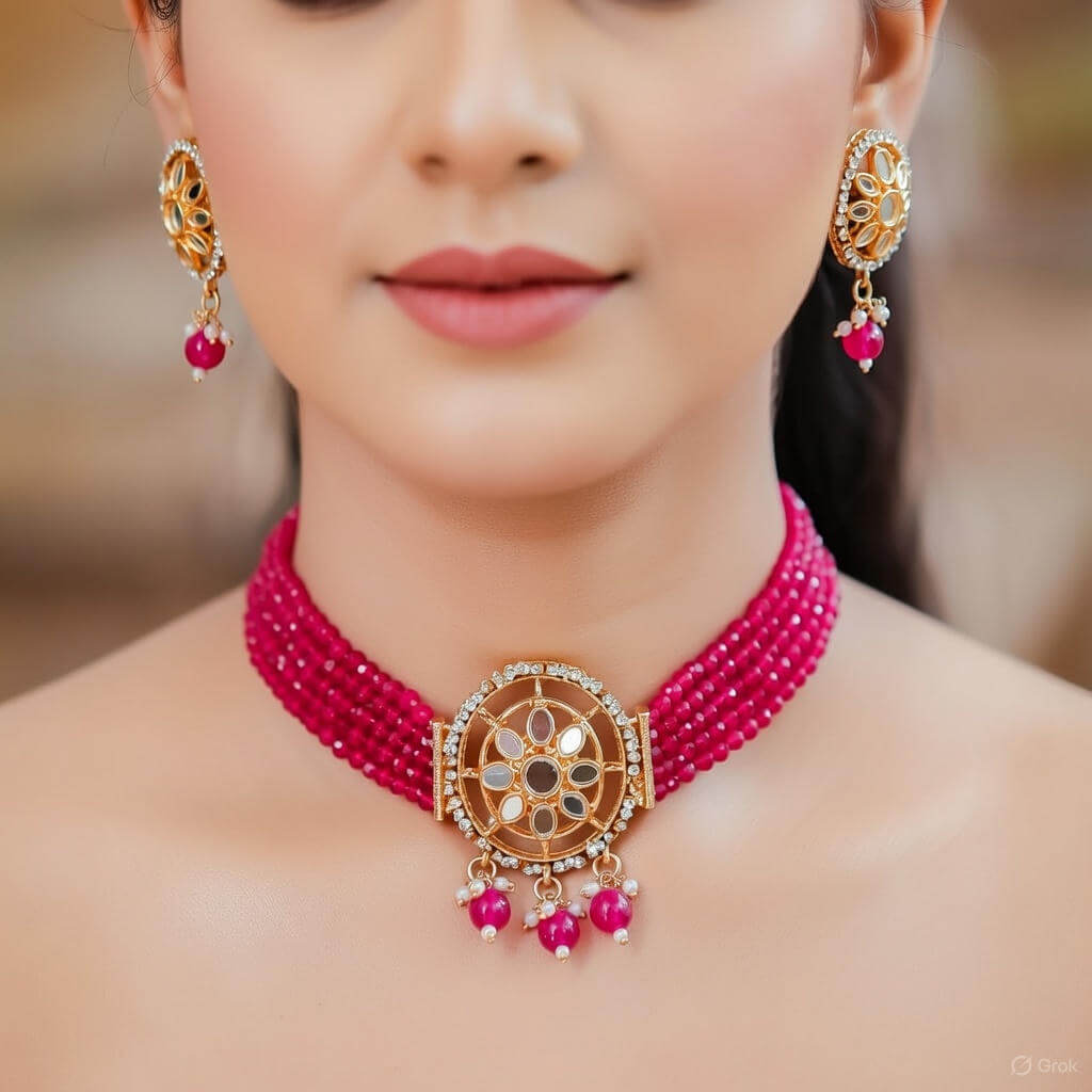 Yaarita’s Gold Plated Dark Pink Color Choker Necklace Set