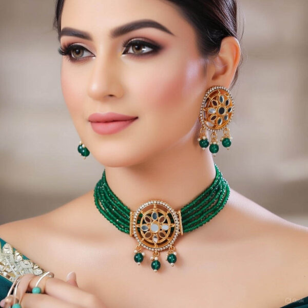 Yaarita’s Gold Plated Green Color Choker Necklace Set