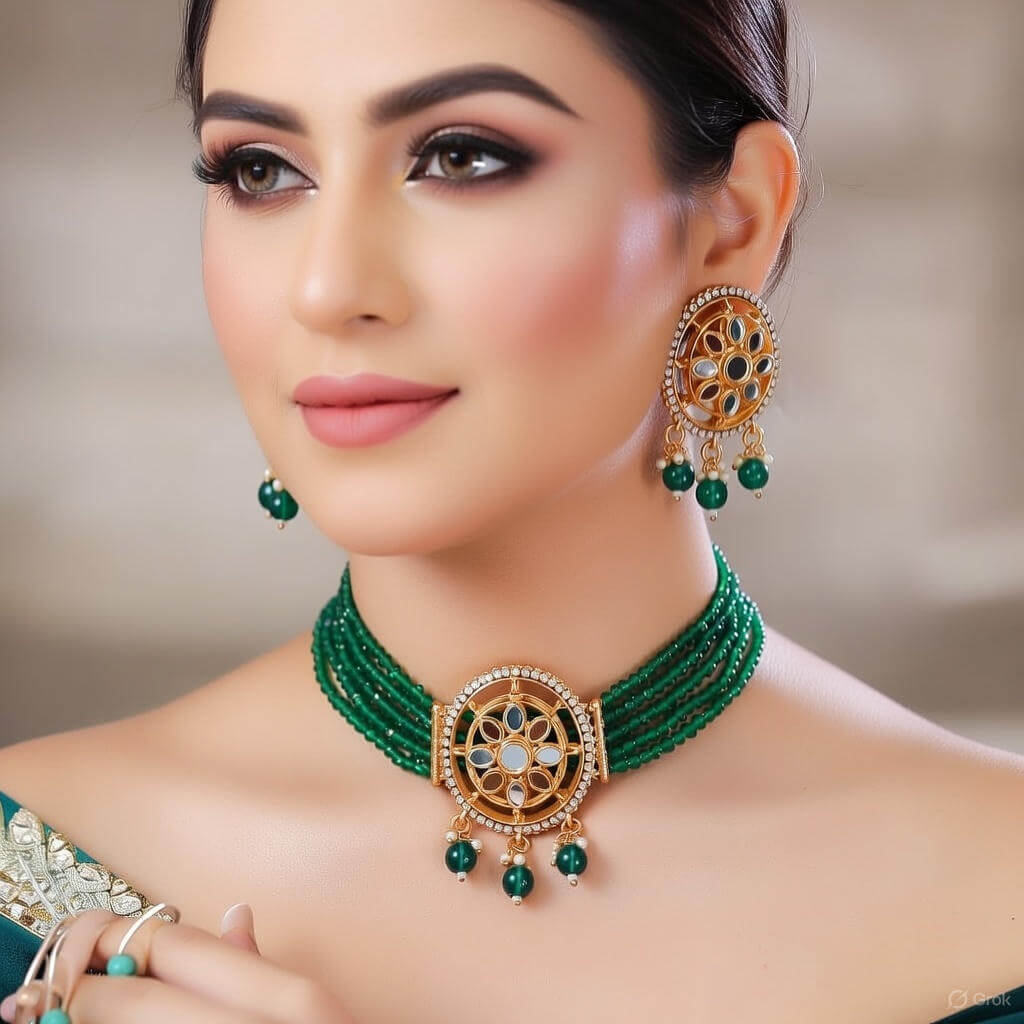 Yaarita’s Gold Plated Green Color Choker Necklace Set
