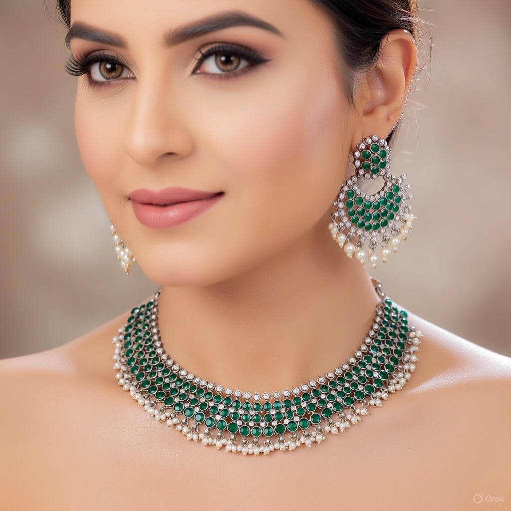 Yaarita’s Gold Plated Green Color Pota Stone Choker Necklace Set