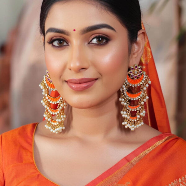 Yaarita's Gold Plated Orange Color Meenakari Dangler Earring