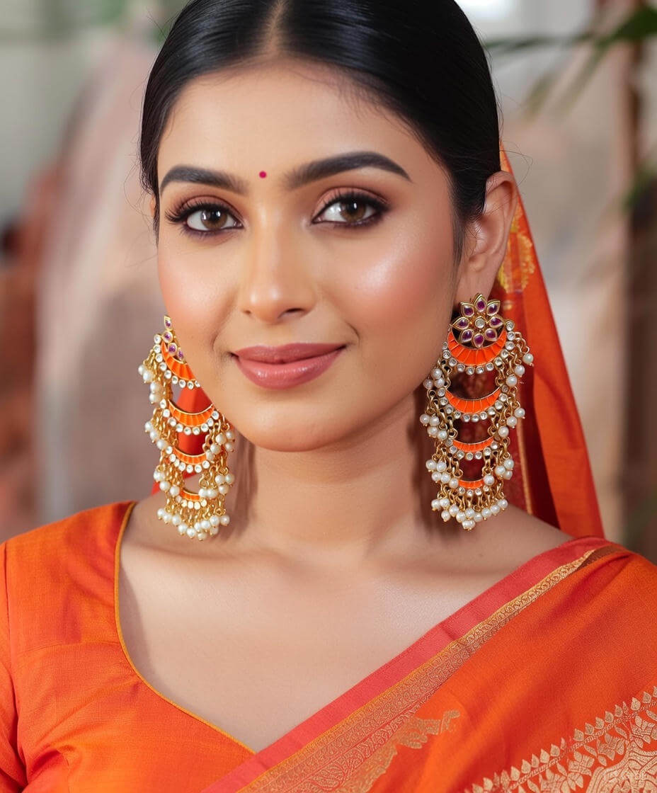 Yaarita's Gold Plated Orange Color Meenakari Dangler Earring