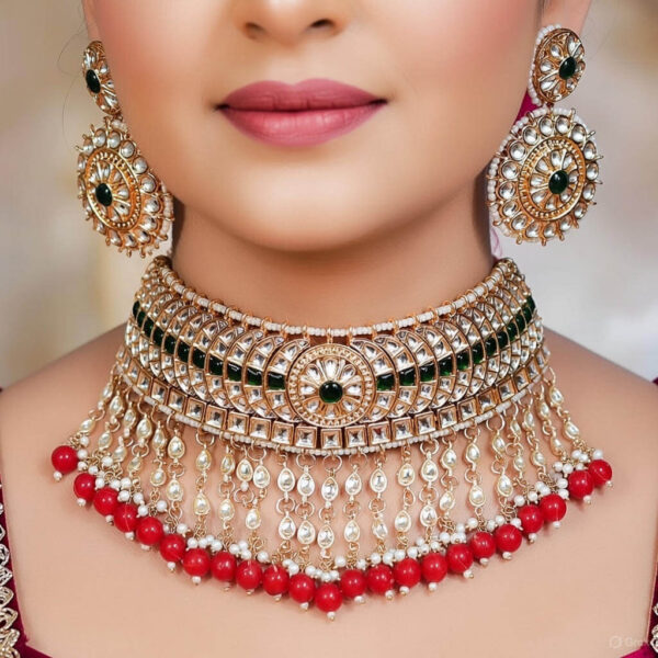Yaarita's Gold Plated Red & Green Kundan Designer Choker Necklace