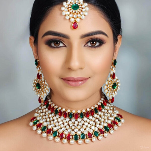 Yaarita’s Green & Pink Crystal Stone & Beads Choker Necklace Set