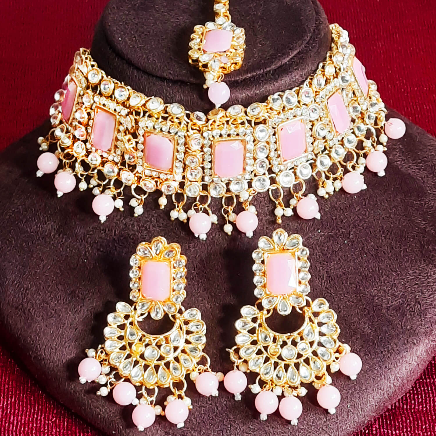 Yaarita's Pink Color Austrian Stone & Beads Choker Necklace Set