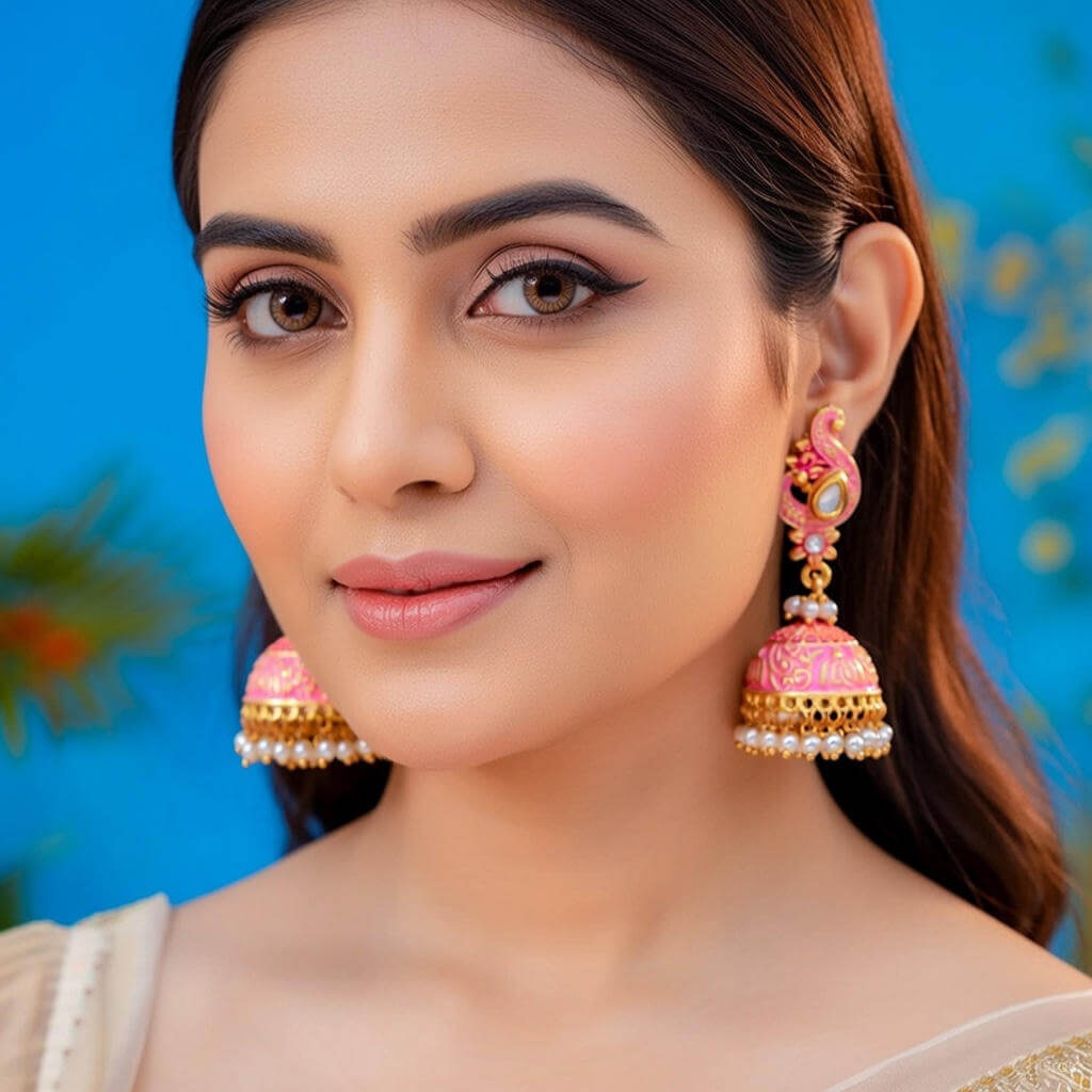 Yaarita's Pink Color Mint Meena Earrings