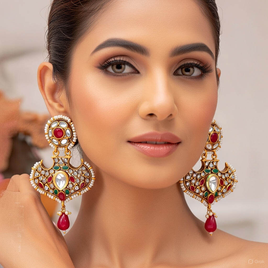 Yaarita's Rani & White Color Kundan Earrings