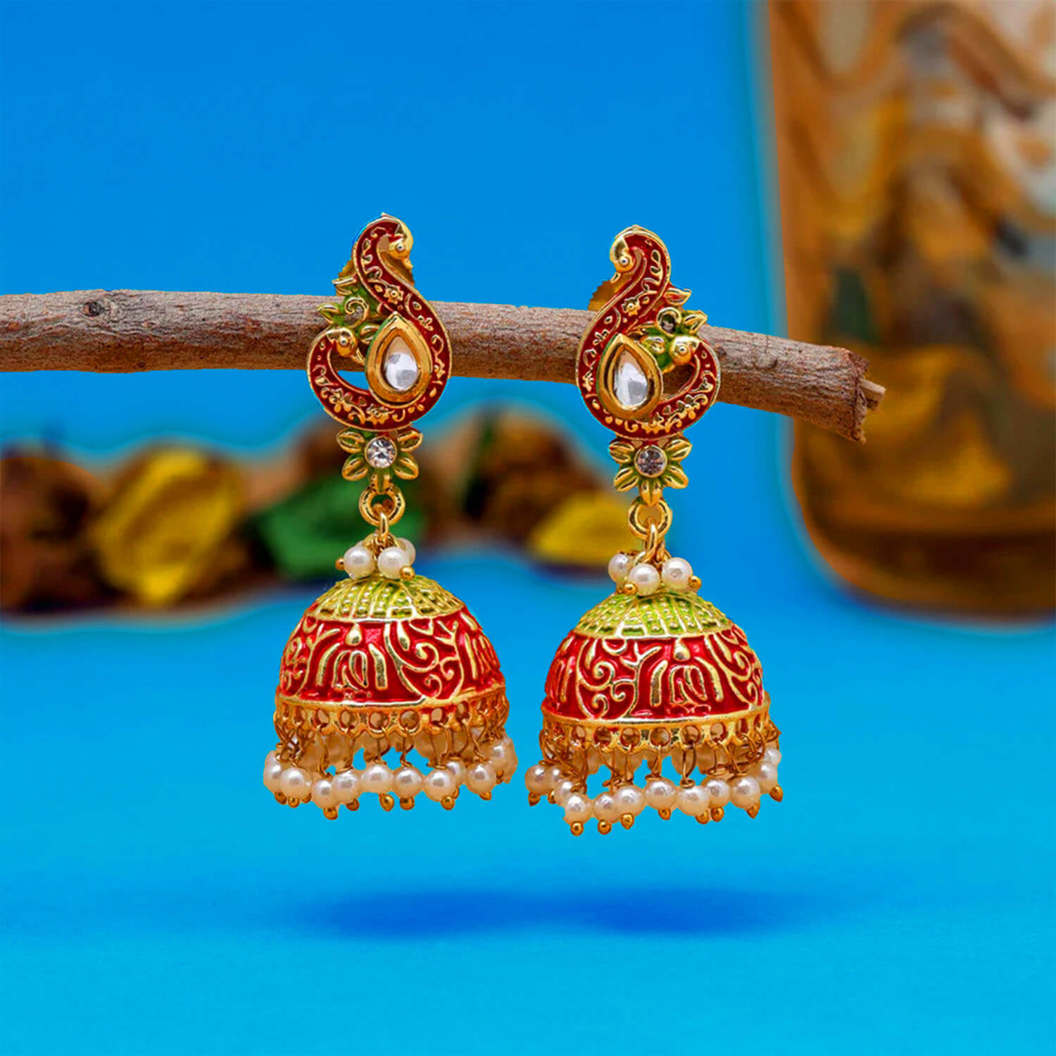 Yaarita's Red Color Mint Meena Earrings