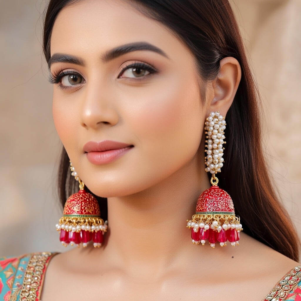 Yaarita's Red Color Mint Meena Earrings