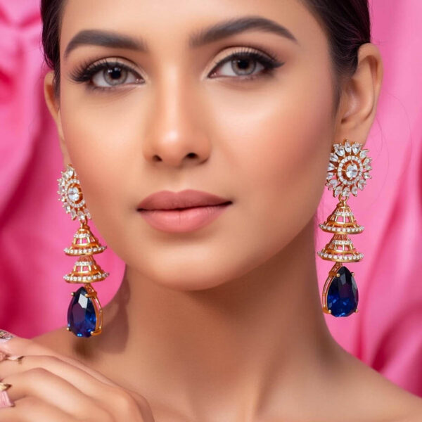 Yaarita's Rose Gold Plated Dark Blue Color AD Stone Dangler Earring