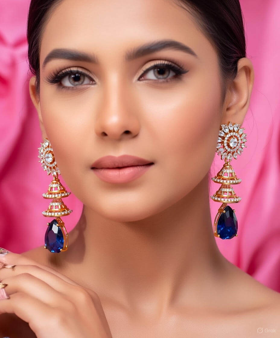 Yaarita's Rose Gold Plated Dark Blue Color AD Stone Dangler Earring