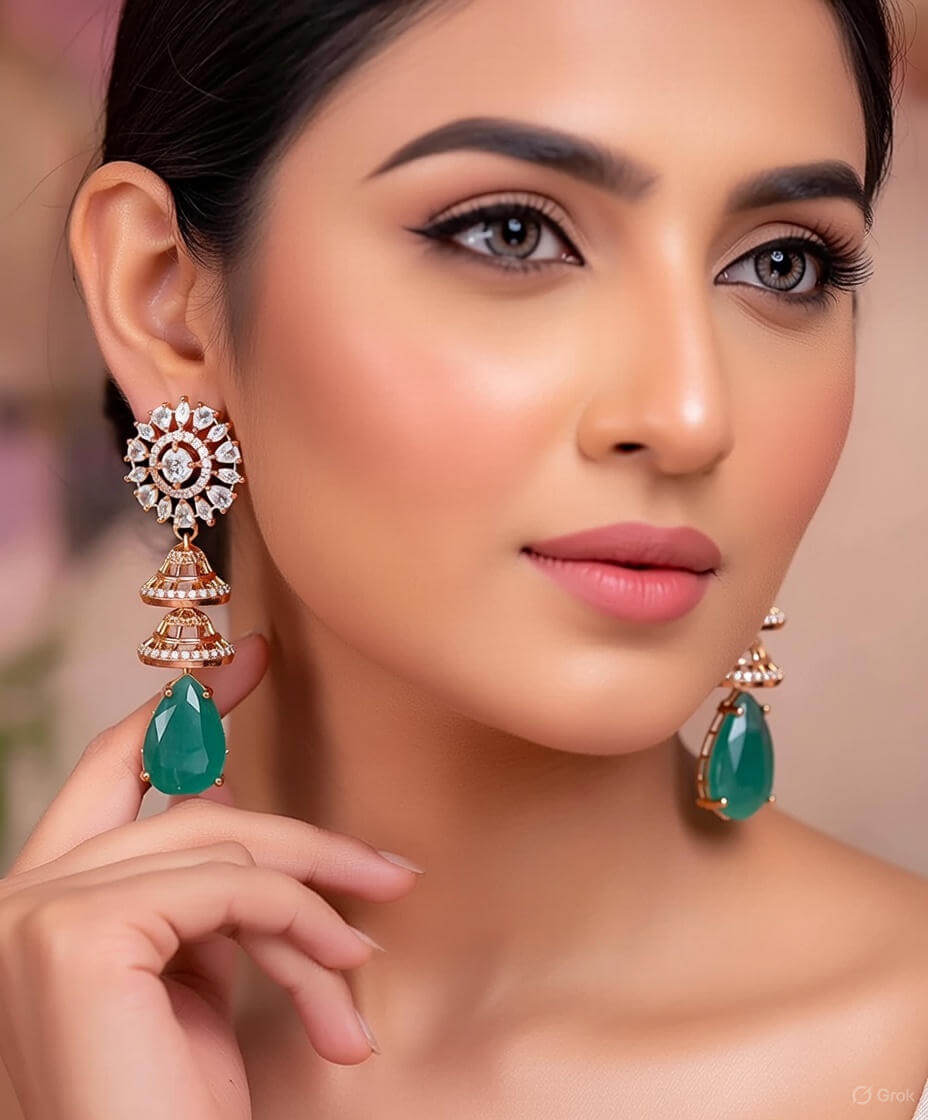 Yaarita's Rose Gold Plated Mint Blue Color AD Stone Dangler Earring