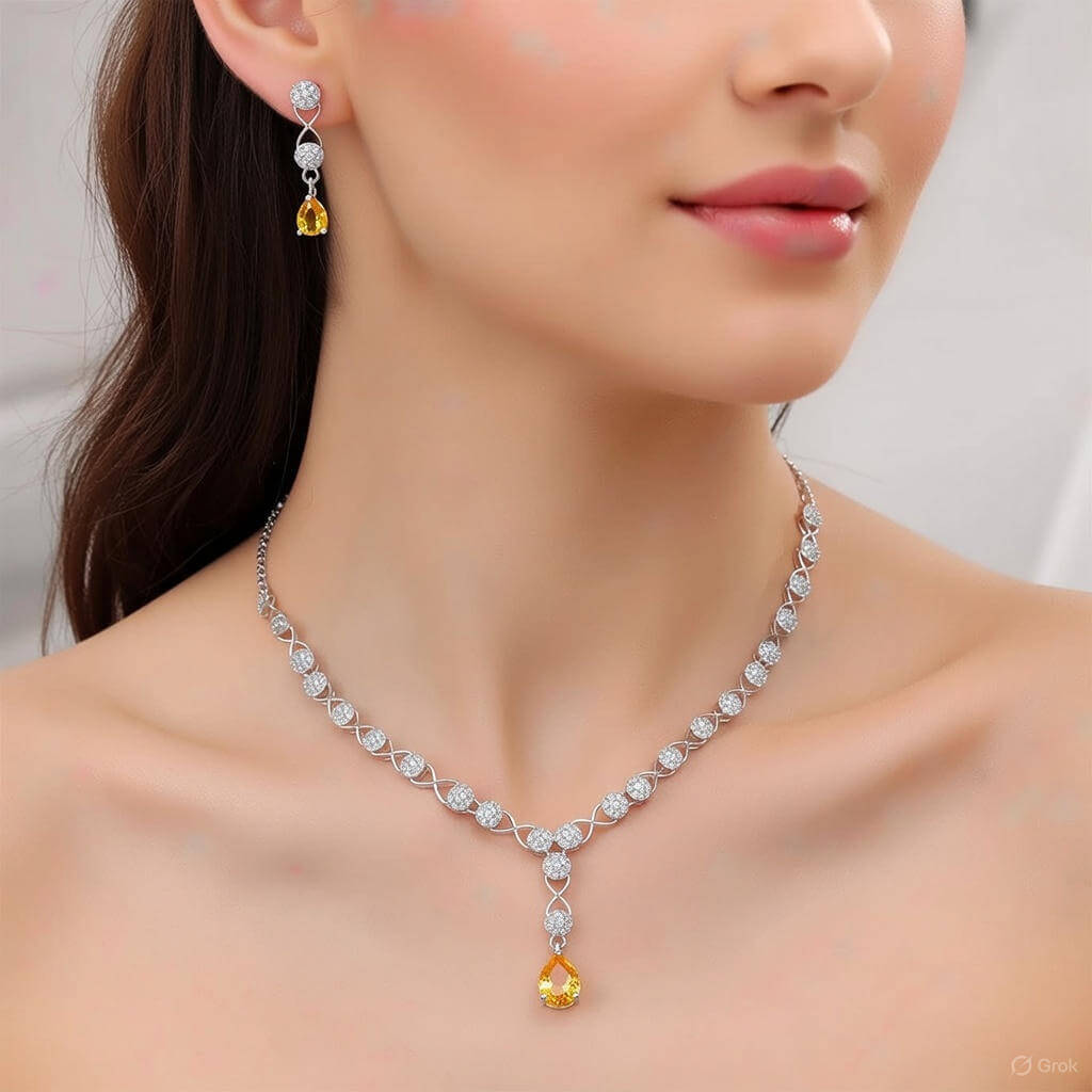 Yaarita’s Yellow Color American Diamond Necklace Set