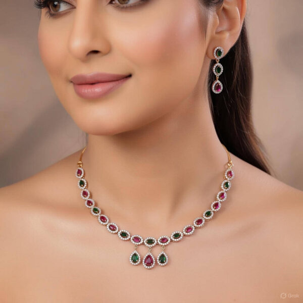 Yaarita’s Maroon & Green Color American Diamond Necklace Set