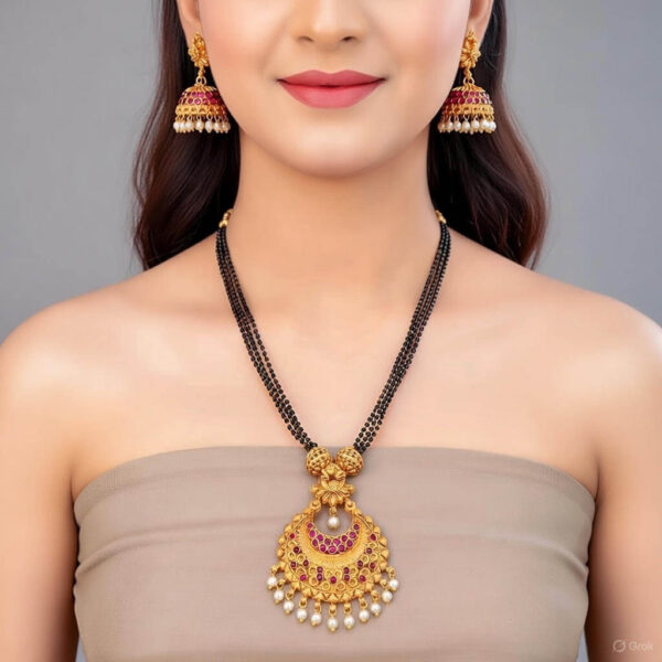 Yaarita’s Beautiful Matte Gold Polish Ruby Green Black Long Pendant Set1