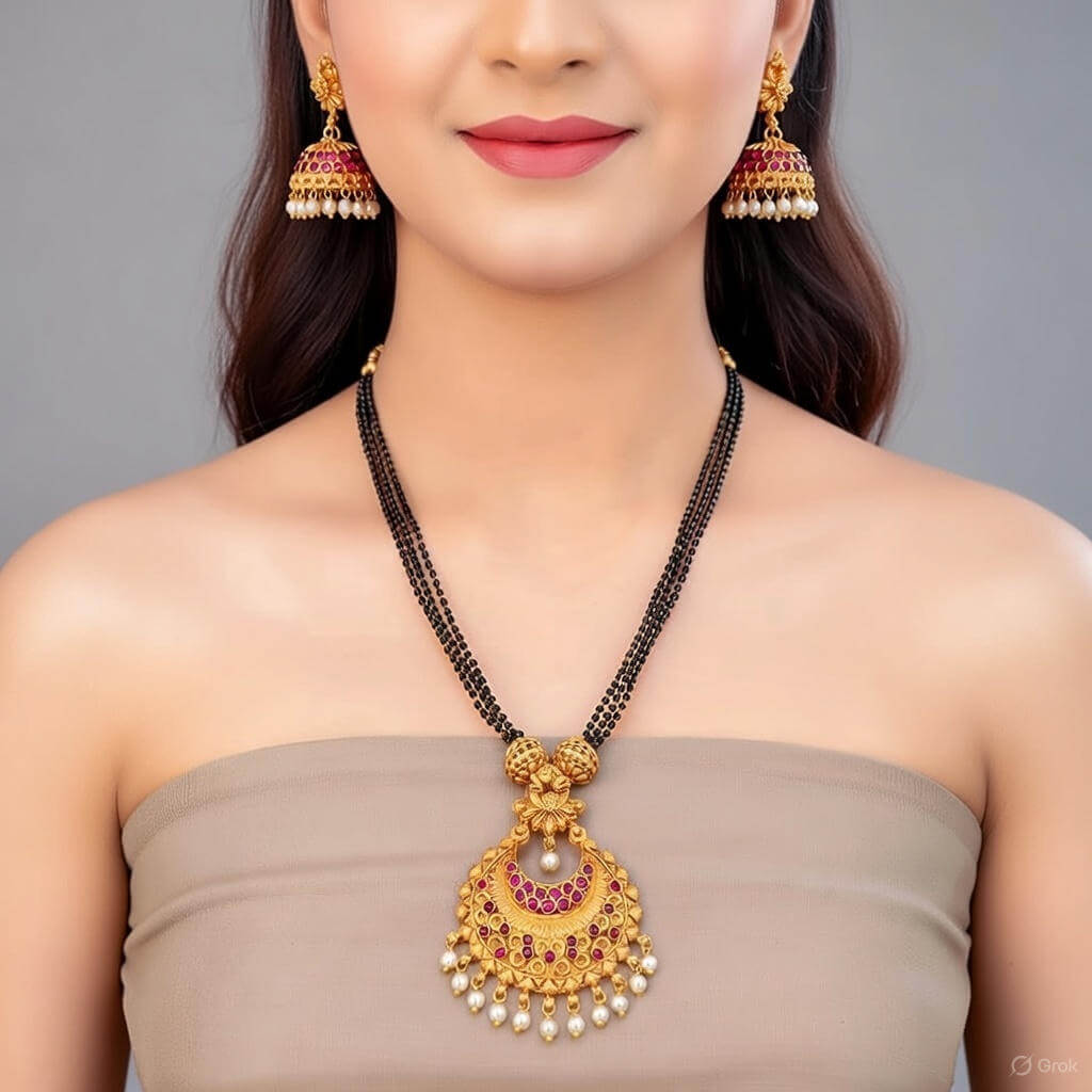 Yaarita’s Beautiful Matte Gold Polish Ruby Green Black Long Pendant Set1